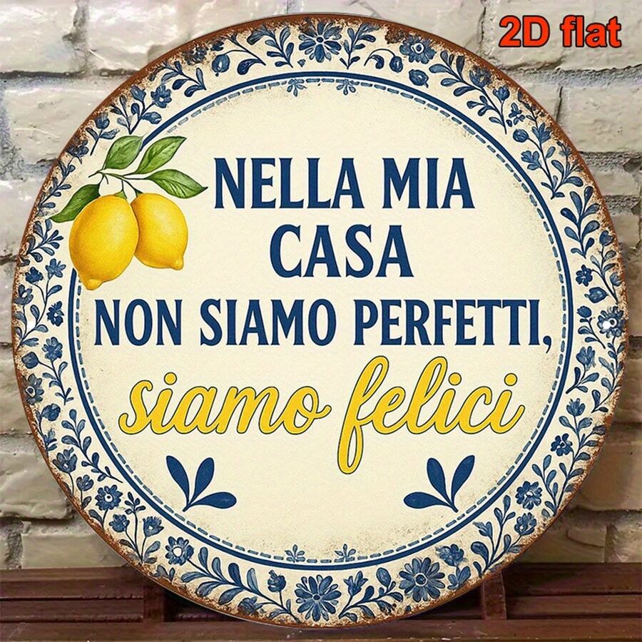 2D Flat Iron Wall Decor With Italian Home Quotes - Vintage Italian Kitchen, Dining Room, Living Room, Bedroom, Study - Lemon Theme With Italian Text - 20x20cm Round, Room Decor, Kitchen Decor, Retro Design, Pre-Drilled Holes, Style As Shown In Size Chart - Multicolor - View 1