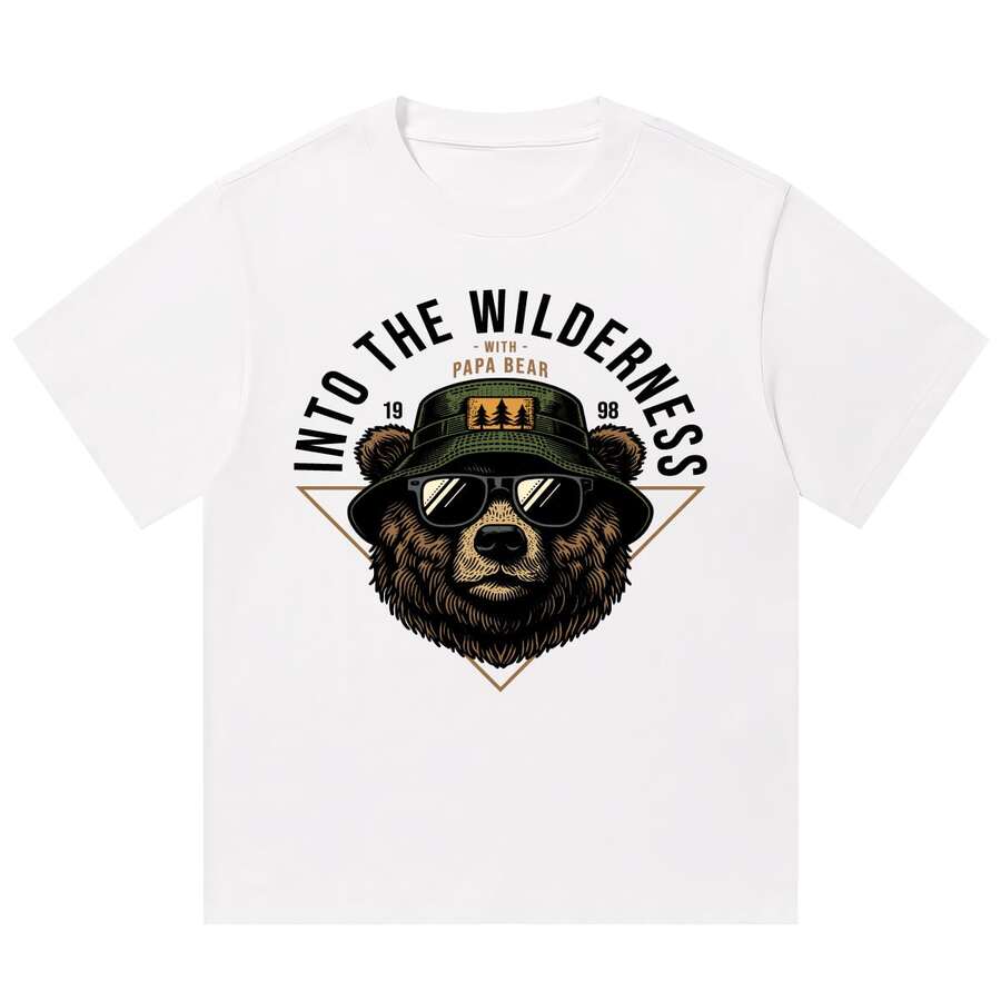 Boy Camiseta De Manga Corta Con Estampado De IlustracióN De Oso Ranger Para Hombres Y Parejas, Estilo Retro Americano, Corte Holgado Y Tejido Grueso - Blanco - Ver 1