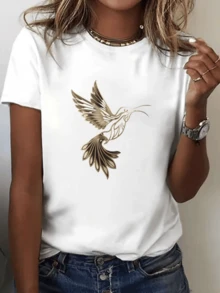 Colibrí dorado desplegando sus alas simboliza la libertad la energía vital y la belleza de los pequeños detalles que inspiran movimiento y armonía camiseta de mujer cómoda moderna para uso diario - Blanco - Ver 8