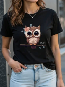 Un búho reposando sobre una rama rodeado de flores suaves simboliza la sabiduría y la conexión con la naturaleza transmitiendo tranquilidad y encanto ideal para mujeres que aman la armonía camiseta de mujer casual cómoda para uso diario - Negro - Ver 1