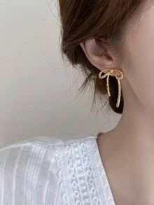 1对蝴蝶结耳环，金色简约耳环，适合商务、休闲和日常佩戴 - 金色A - 查看 4