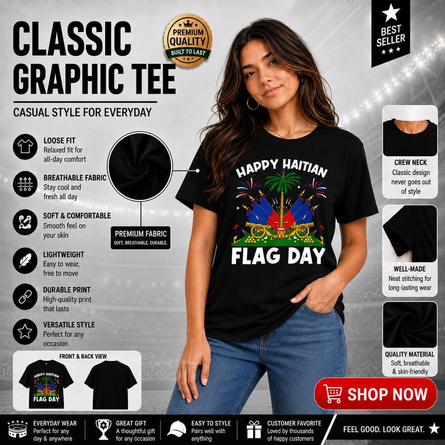 Camiseta Unisex 100% Algodón con la Bandera de Haití, Diseño Gráfico de la Bandera Nacional de Haití, Manga Corta para Hombres y Mujeres - Negro (Solo disponible en blanco y negro) - Ver 1