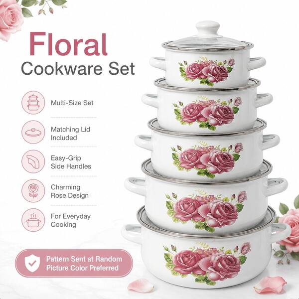 Juego de utensilios de cocina esmaltados con estampado floral vintage - Combo de ollas de capacidad graduada (Disponible en varios tamaños)