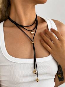 1 pieza Collar de cuerda de cuero multicapa con forma de corazón, collar corto tipo choker, collar multicapa dulce y fresco, adecuado para uso diario - Corazón - Ver 5