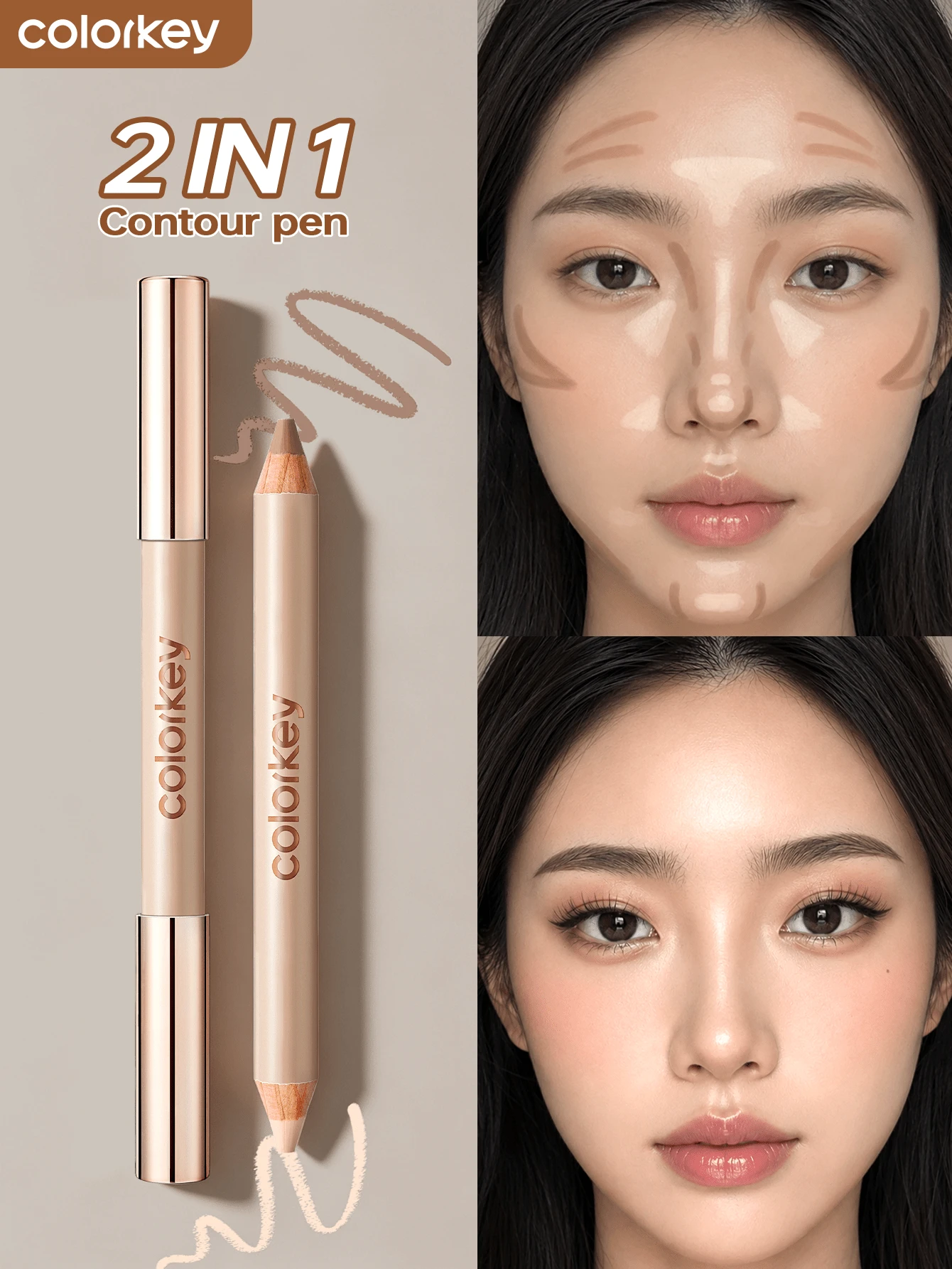 COLORKEY Pena Kontur & Highlighter Dua Ujung, Stik Kontur Hidung 2-in-1, Tekstur Matte Krim, Kilau Alami Tahan Lama Tanpa Rasa Berminyak, Pena Kontur Multifungsi, Menyamarkan Garis Halus, Makeup Merek Ternama