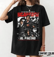 SCARFACEE AL PACINO T-Shirt 100% Cotton, Multi-Image Collage Of Tony Montanaa With Gun And Broken Glass Detail, Vintage Gangster T-Shirt For Movie Fans. - Black - View 1