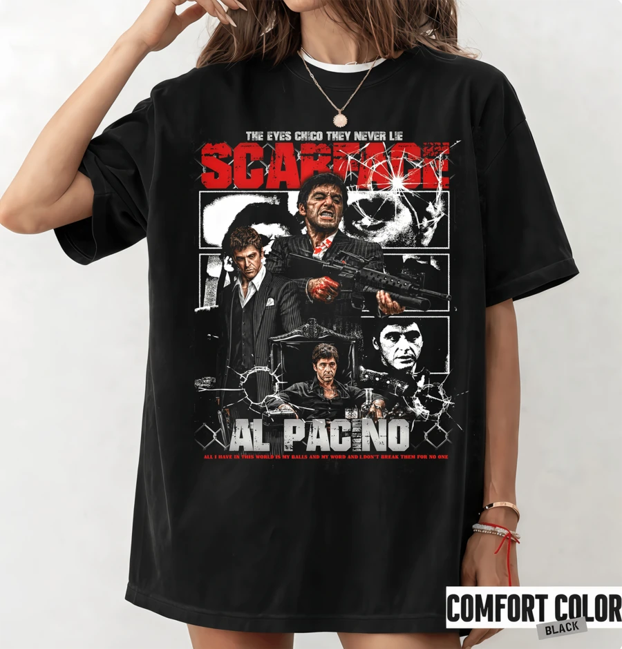 SCARFACEE AL PACINO T-Shirt 100% Cotton, Multi-Image Collage Of Tony Montanaa With Gun And Broken Glass Detail, Vintage Gangster T-Shirt For Movie Fans. - Black - View 1