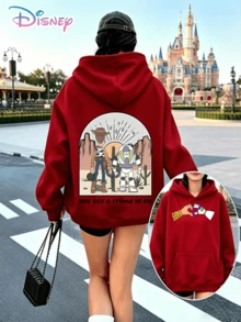 Disney Toy Story Woody Buzz Desert Sunset Printed Unisex Hoodie With "You Got A Friend In Me" Slogan. A Relaxed, Casual, And Versatile Top, Perfect For Holiday Gifting. (Unisex Autumn/Winter Clothing/Elegant Casual Outfits/Patterned Hoodies/Printed Tops/Casual Outfits For Best‑Friend‑Themed Daily Wear) - Đỏ - Xem 1