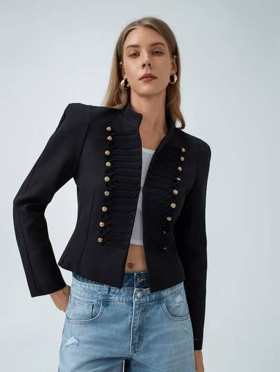 HZXVIC Women's New Retro Elegant Fitted Formal Office Jacket, With Exaggerated Shoulder Design And Faux Button Design