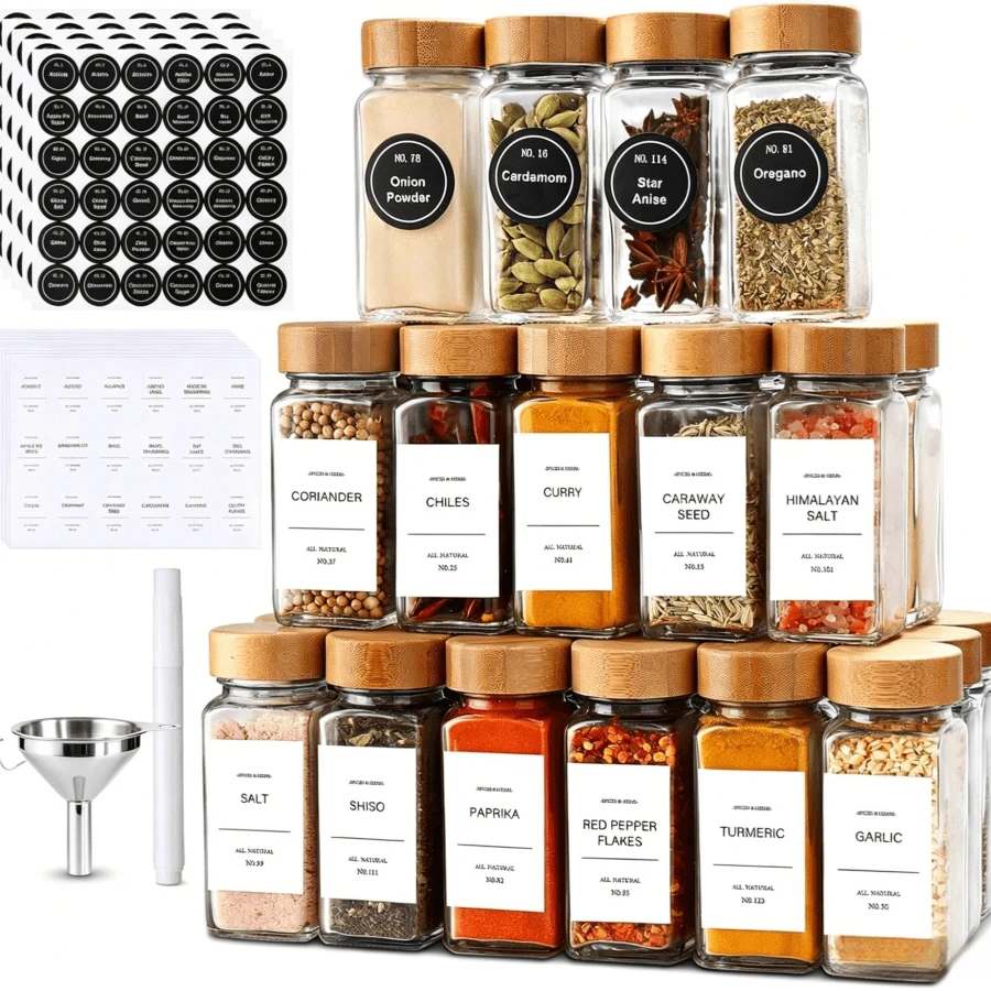 18/12/6pcs Glass Spice Jars With Bamboo Lids Set - Rust-Proof, Essential For Kitchen And Dining Table, Suitable For Halloween, Christmas Storage, And Kitchen Sugar Canisters - Multicolor - View 1