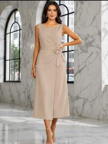 Women's Midi Tailored Dress With Side Tie - Elegant - Evangelical Fashion - 米色 - 查看 9