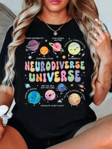 Planetas coloridos simbolizan diversidad inclusión y aceptación formando un universo positivo donde cada ser comunica y brilla con empatía y respeto camiseta de mujer con mensaje inspirador casual moderna y cómoda para uso diario - Negro - Ver 1