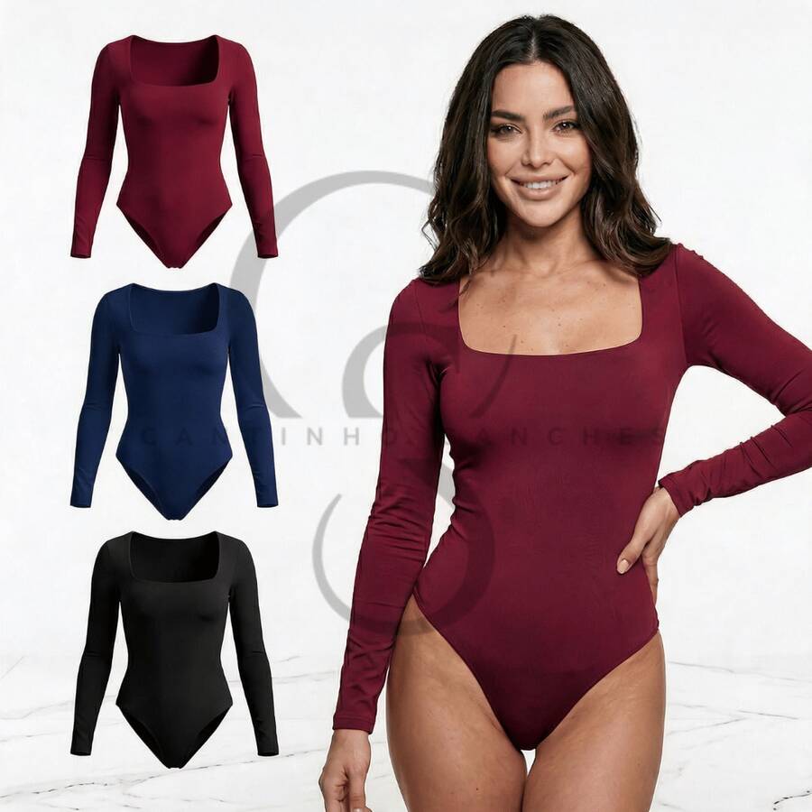 Set Of 3 Women's Square Neck Long Sleeve Bodysuits In Elegant Premium Lined Spandex - Black Wine Blue Navy - View 1