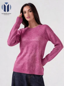 Suéter Casual de Punto Ligero para Mujer: Cuello Redondo y Estilo Relajado - Ideal para Otoño e Invierno - Rosa Roja - Ver 3