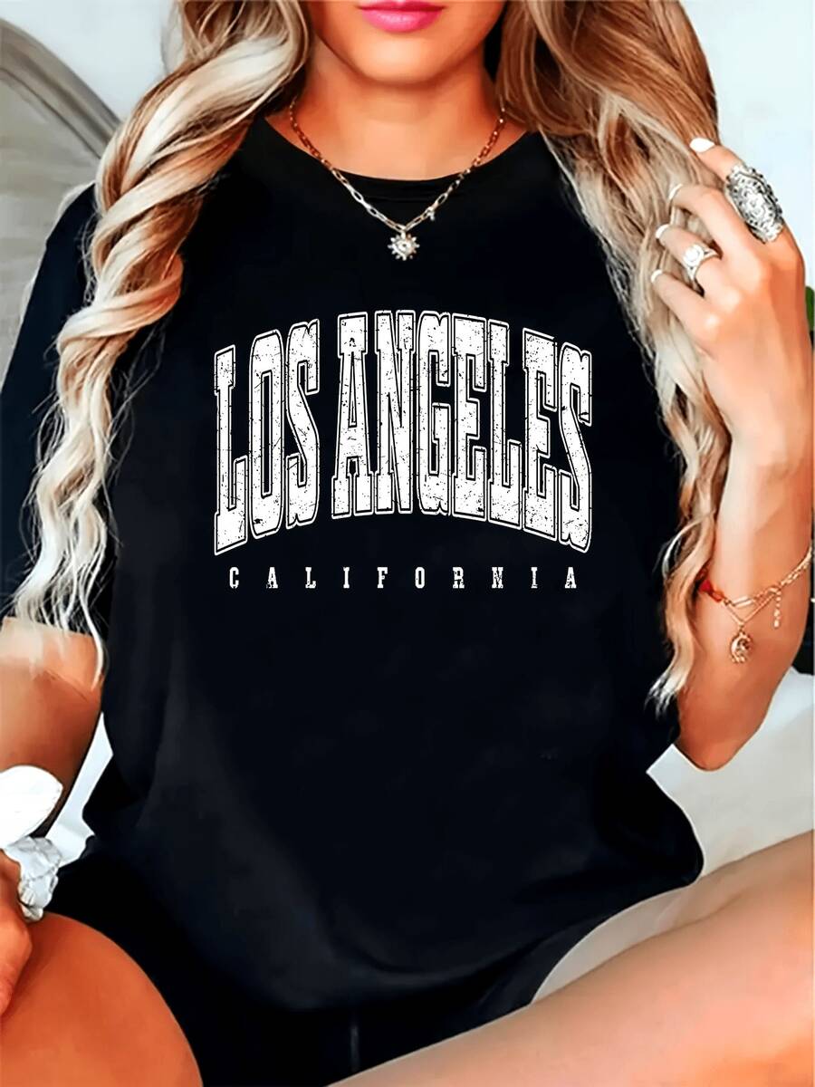 Plus - Camiseta de Mujer de Tejido Grueso con Estampado de Los Ángeles, California - Negra con Letras Blancas en Negrita - Camiseta para Uso Diario y Ocasiones Especiales - Top Casual para Todas las Temporadas, Adecuada para el Hogar, Viajes, - Ideal para Tallas Grandes, Esencial para el Uso Diario, Ropa Casual, Camiseta con Estampado Geométrico, Ajuste Cómodo, Ropa para el Hogar, Estilo Urbano, Construcción Duradera, Camiseta Estampada, para Entusiastas del Estilo Urbano. Camiseta de manga corta cómoda y versátil. - Negro - Ver 1