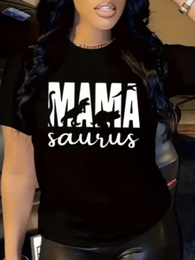 Figura divertida con siluetas de dinosaurios que simbolizan la fuerza y ternura de las madres modernas transmitiendo energía positiva y amor Camiseta de mujer casual cómoda ideal para uso diario - Negro - Ver 8