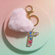 1 pieza Llavero con corazón de letra de resina beige y borla para mujer, accesorio creativo de estilo lindo como regalo para amigos - Rosa - Ver 9