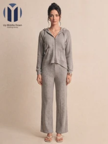 Conjunto de Dos Piezas para Mujer: Sudadera con Gorro y Pantalón Wide Leg de Canalé - Ideal para Primavera y Casual - Gris - Ver 5