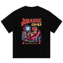 Boy's Jurassic Game Print Short Sleeve T-Shirt For Men And Women, Couples, High Weight Pure Cotton, Loose Fit, Fashionable Brand T-Shirt - 黑色 - 查看 12
