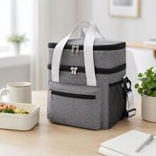 1 Piece Double Compartment Thermal Lunch Bag, Waterproof Oxford Cloth Portable Lunch Box With Adjustable Strap, Keeps Food Cold And Hot, Water Resistant Aluminum Lining, Ideal For Work, School, Picnic, Camping And Travel, Available In Various Colors - 灰色 - 查看 1