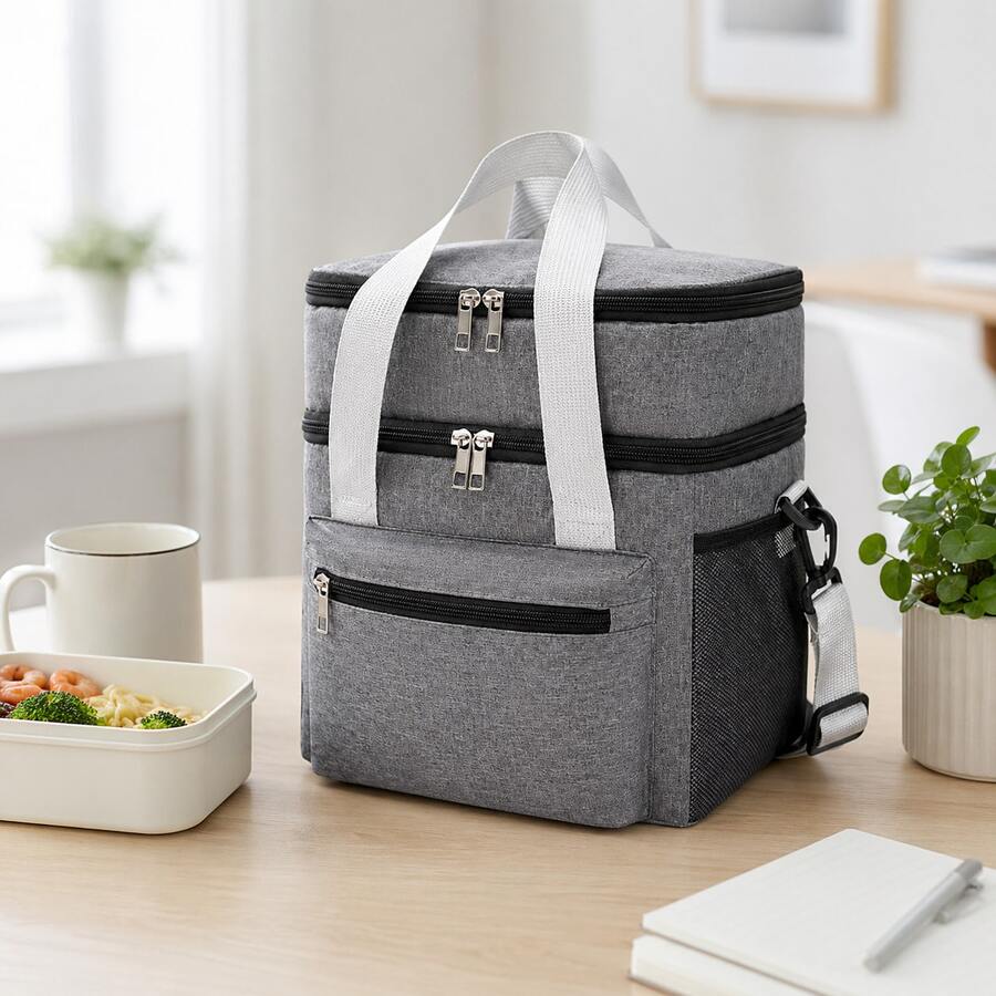 1 Piece Double Compartment Thermal Lunch Bag, Waterproof Oxford Cloth Portable Lunch Box With Adjustable Strap, Keeps Food Cold And Hot, Water Resistant Aluminum Lining, Ideal For Work, School, Picnic, Camping And Travel, Available In Various Colors - 灰色 - 查看 1