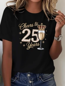 Copa brillante con corona dorada y número veinticinco formado por perlas simbolizando celebración de aniversario elegante y brindis de alegría camiseta de mujer moderna para ocasión especial - Negro - Ver 1