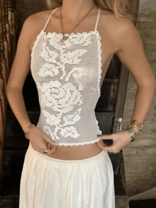 Top Halter de Ganchillo Floral para Mujeres, Top Corto de Espalda Descubierta, Tropicoqueta  Outfit para Vacaciones - Blanco - Ver 4
