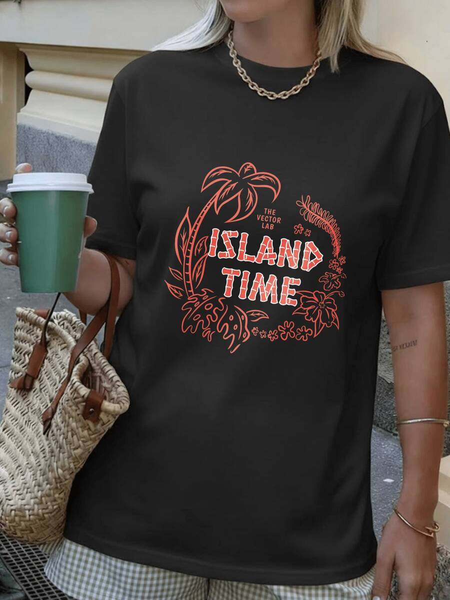 Camiseta negra de algodón 100% para mujer, de primera calidad, con diseño de corona floral tropical "Island Time", estilo casual de verano para playa y calle, muy cómoda, adecuada para vacaciones y uso diario, lavable a máquina y resistente a la decoloración, ecológica. - Negro - Ver 1