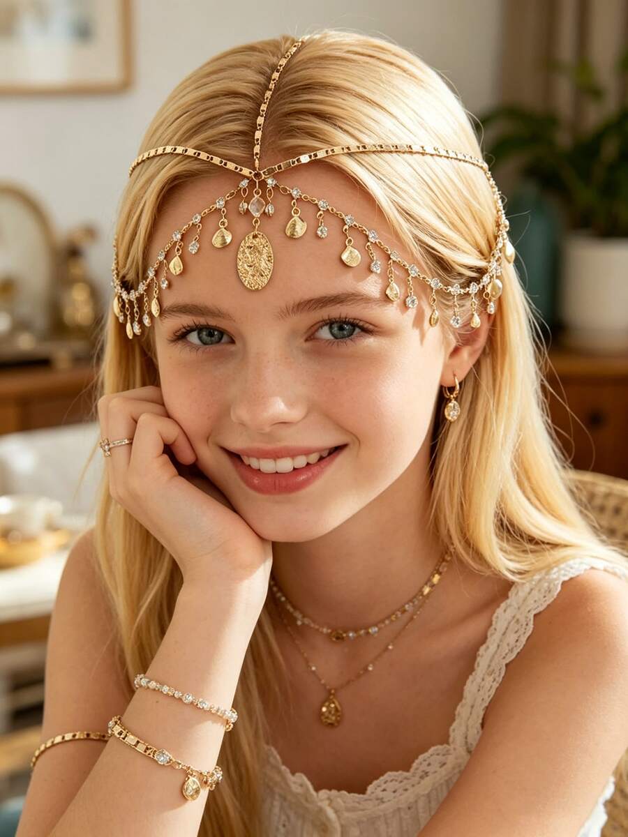 Dây chuyền cài tóc sang trọng, phụ kiện cài tóc cưới phong cách Bohemian thời thượng, phụ kiện cài tóc màu vàng, trang sức cho bé gái