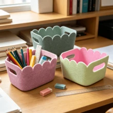 3pcs Felt Storage Baskets With Wavy Rim And Handles Cosmetics Miscellaneous Items Home Organization Decorative Container Bedroom Living Room Closet Fabric Basket Set - Multicolor - View 9