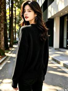 Women's Modal Turtleneck Sweater With Elastic - màu đen - Xem 2