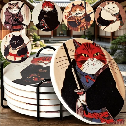 Bộ 6 đế lót ly bằng gốm hình mèo Samurai Nhật Bản theo phong cách Ukiyo-E, đế lót ly tròn kèm giá đỡ kim loại màu đen, thảm bảo vệ mặt bàn nghệ thuật cổ điển cho gia đình và quán bar.