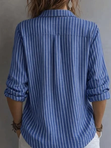 Women's Striped Long Sleeve Shirt Collar Top, Woven Fabric, Regular Length, Fashionable Style - Navy Blue - View 2
