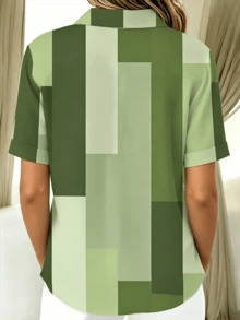 對比色復古休閒大尺碼時尚素色女款輕便鈕扣夏季休閒百搭黑色短袖襯衫 - 綠色 - 查看 2