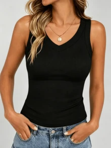 3pcs/Set Women's V-Neck Sleeveless Ribbed Racerback Crop Tops, Summer Casual Sportswear - Multicolor - View 4