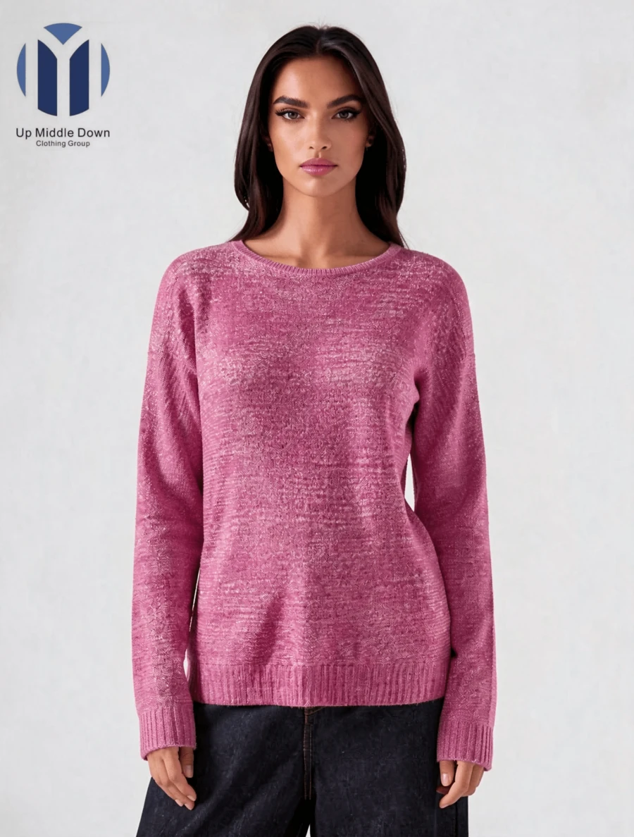 Suéter Casual de Punto Ligero para Mujer: Cuello Redondo y Estilo Relajado - Ideal para Otoño e Invierno - Rosa Roja - Ver 1