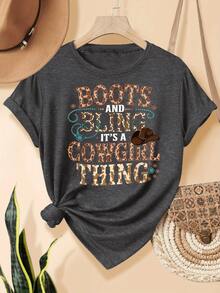 1 camiseta de mujer con estampado de botas de vaquero y letras brillantes, 180g de algodón puro, corte holgado que disimula y estiliza la figura, tela elástica que no aprieta, luce moderna y atractiva con jeans, y suave y rejuvenecedora cuando se combina con una falda larga, un artículo imprescindible y versátil para el armario, 180g 100% algodón. - Blanco - Ver 8