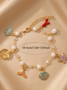 1pc Bohemian Ocean Starfish, Seashell & Faux Pearl Charm Bracelet, Suitable For Daily Wear, Beach, Vacation, Women Summer Jewelry Gift - Multicolor - View 4