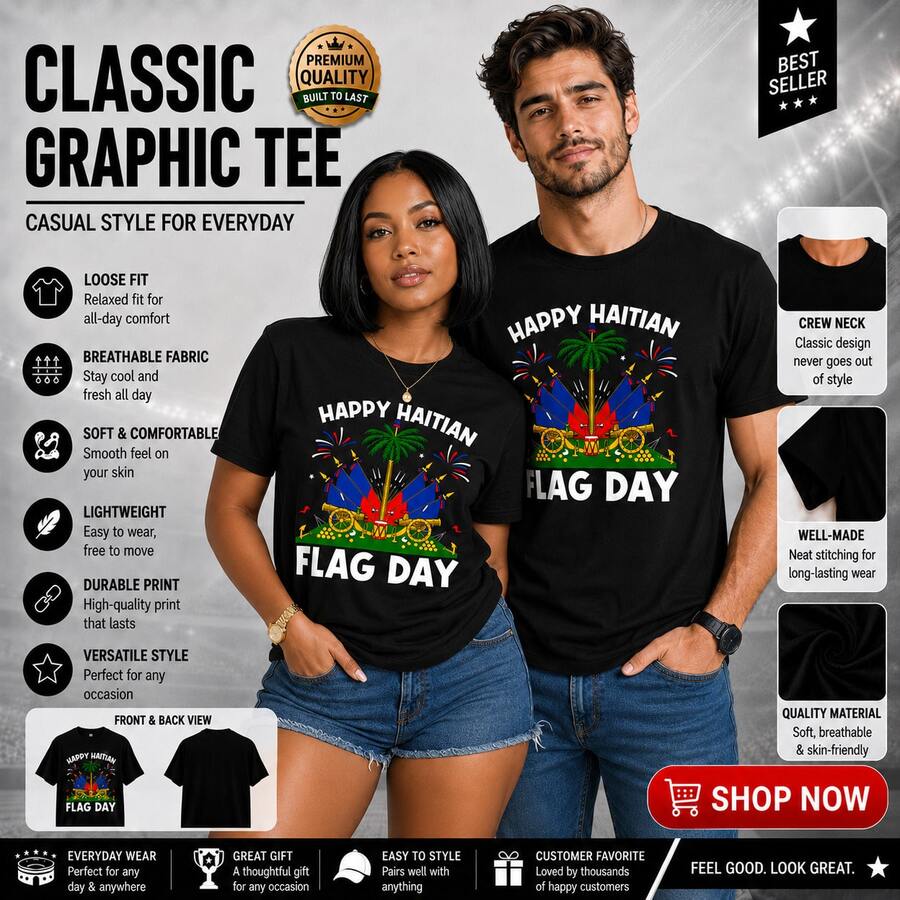 Camiseta Unisex para el Día de la Bandera Haitiana, 100% Algodón, Camiseta Casual con Estampado de la Bandera de Haití - Blanco (solo estilos en blanco y negro) - Ver 1
