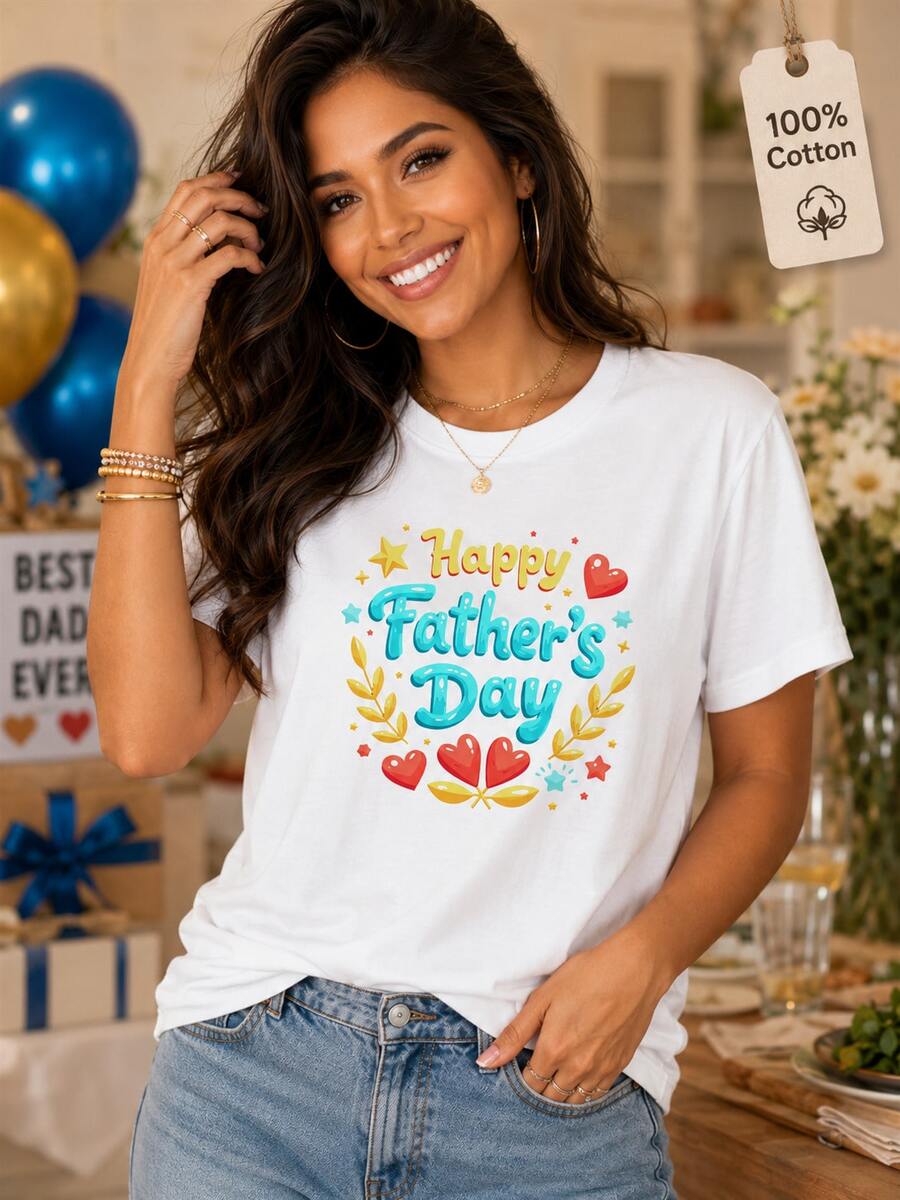 Unisex Casual Sports T-Shirt, Round Neck T-Shirt, Happy Father's Day, Young And Fashionable, Holiday Gift, Father's Day Theme, Heart-Shaped Stars, Warm Wishes, Festive T-Shirt, Gift Idea, Comfortable Top For All Seasons, Women's Pure Cotton Printed T-Shirt, Soft And Breathable. - 白色 - 查看 1