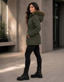 Women's Parka Jacket In Twill With Fleece Lining, Winter Style, With Hood - Dark Green - View 5