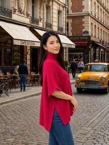 Women's High-Neck Knit Coat, Cape Style, Ideal For Autumn And Winter Looks, Perfect For The Blogger Style. High In The Front And Low In The Back. Pointelle Knit. - Pink - View 1