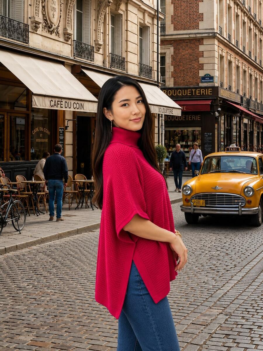 Women's High-Neck Knit Coat, Cape Style, Ideal For Autumn And Winter Looks, Perfect For The Blogger Style. High In The Front And Low In The Back. Pointelle Knit. - Pink - View 1