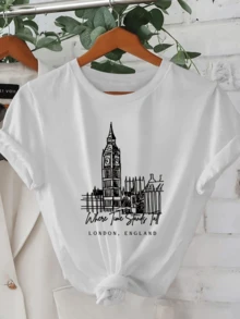 Reloj histórico que representa el poder eterno del tiempo en la ciudad de Londres con líneas artísticas que evocan la arquitectura majestuosa camiseta de mujer urbana moderna y cómoda para uso diario - Blanco - Ver 6