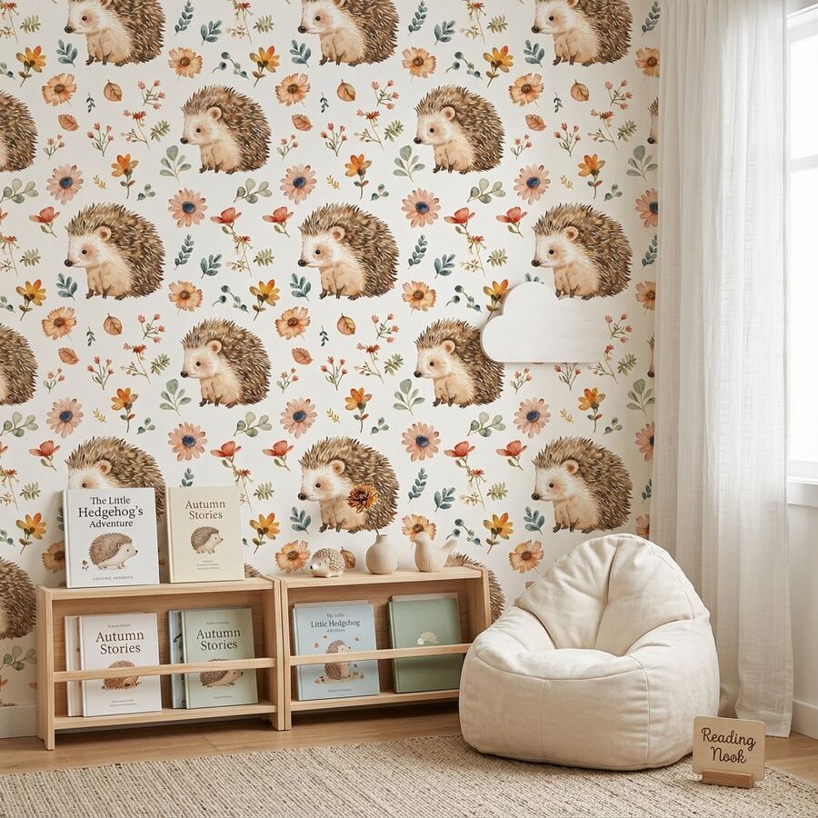 YUANYI 1 Roll Bohemian Watercolor Hedgehog Self-Adhesive Wallpaper, Children's Bedroom Background Wall Decor Sticker, Waterproof Oil-Proof Removable Wallpaper, Glue-Free Thickened Linen Texture, DIY Furniture Renovation, 44.5cm Wide Multi-Length Roll - Hedgehog - View 1