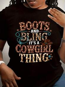 1 camiseta de mujer con estampado de botas de vaquero y letras brillantes, 180g de algodón puro, corte holgado que disimula y estiliza la figura, tela elástica que no aprieta, luce moderna y atractiva con jeans, y suave y rejuvenecedora cuando se combina con una falda larga, un artículo imprescindible y versátil para el armario, 180g 100% algodón. - Negro - Ver 12