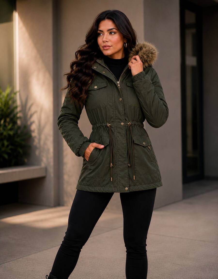 Women's Parka Jacket In Twill With Fleece Lining, Winter Style, With Hood - Dark Green - View 1