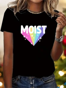 Una camiseta de manga corta para mujer, moderna, a la moda, retro, casual y holgada, adecuada para actividades al aire libre en primavera y verano, con un estilo elegante y de moda Y2K, con la fuente artística "MOIST" y estampado de arcoíris, una camiseta casual de manga corta con corte en Y.blusas para mujer,blusas casuales para dama,tops,, mujer premium,y2k,playeras de mujer curvy,ofertas y liquidaciones ropa mujer,playeras deportivas para mujer,,playeras de hombre, mujer,blusas>elegante INUK - Negro - Ver 1