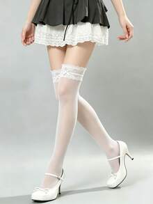 1 Pair Women's White Lace Bow Over-The-Knee Long Stockings, Soft Semi-Transparent Knee-High Socks, Cute Lolita Style Elastic Tights, Suitable For Spring/Summer, Party And Daily Wear - White - View 3