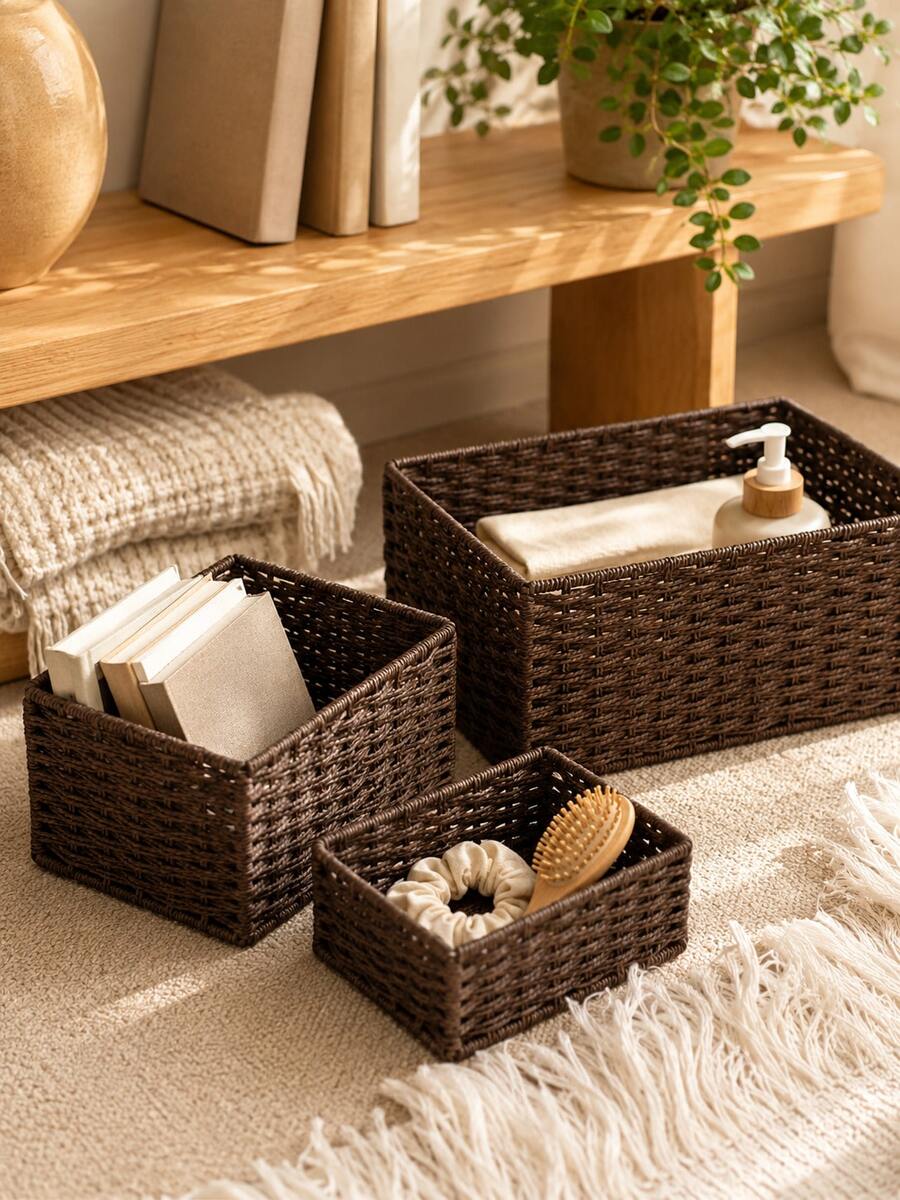 1 pieza/3 piezas Cesta de almacenamiento multiusos, caja organizadora de escritorio de entrada para aperitivos, cosméticos, uso doméstico, cesta tejida retro - marrón café - Ver 1